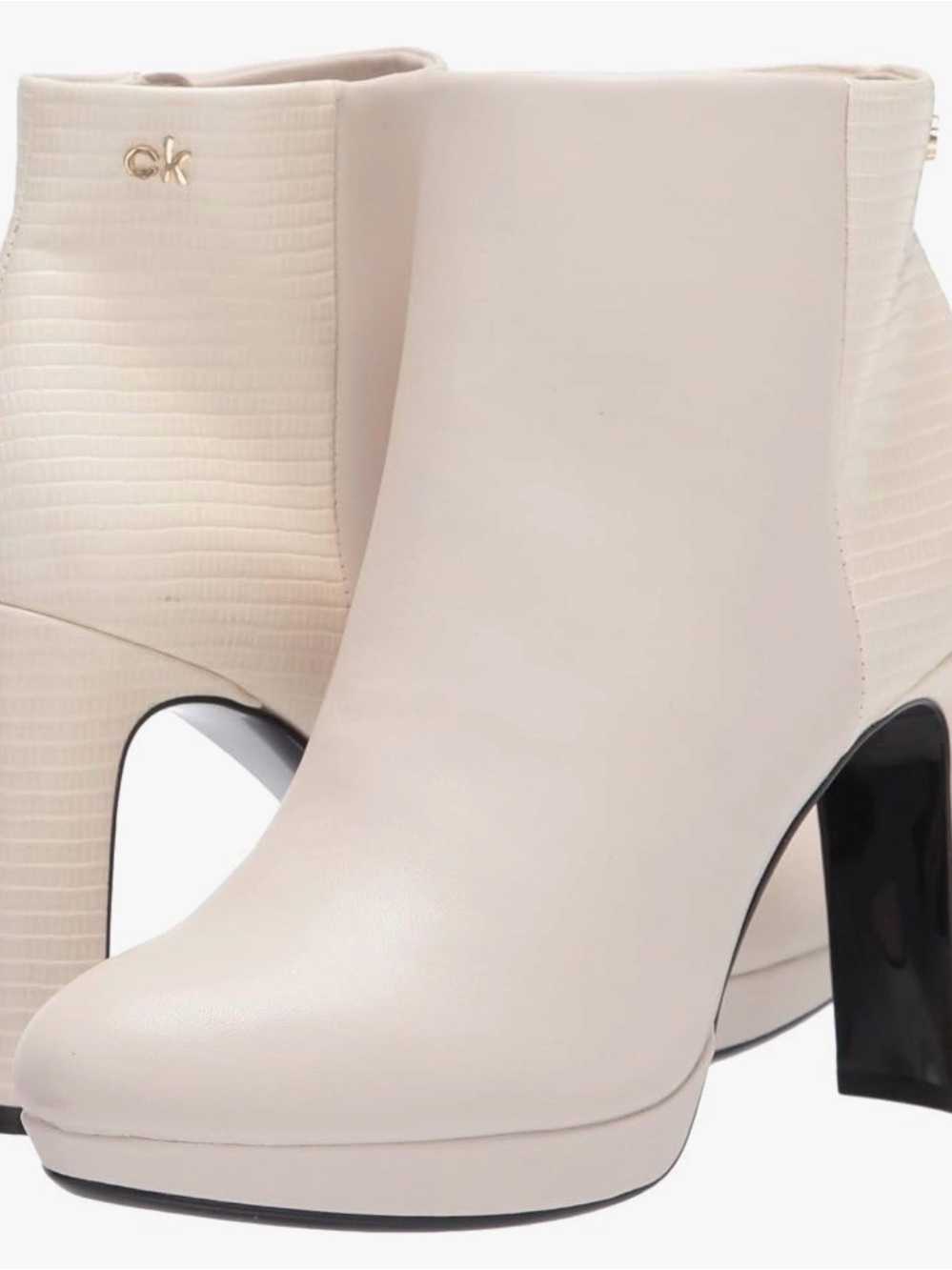 7.5 Women’s Calvin Klein Ivory Platform Ankle Booties with Black Block Heel